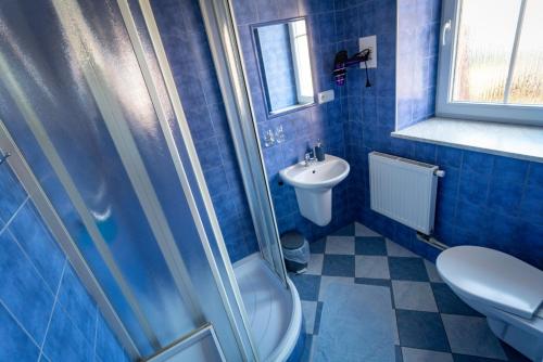 捷克克鲁姆洛夫玛雅特膳食公寓的蓝色瓷砖浴室设有卫生间和水槽