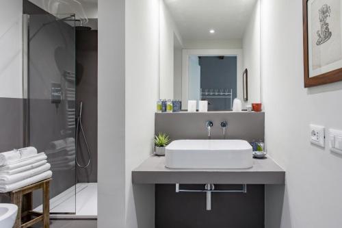 博洛尼亚Charming flat Righi Bologna的白色的浴室设有水槽和淋浴。