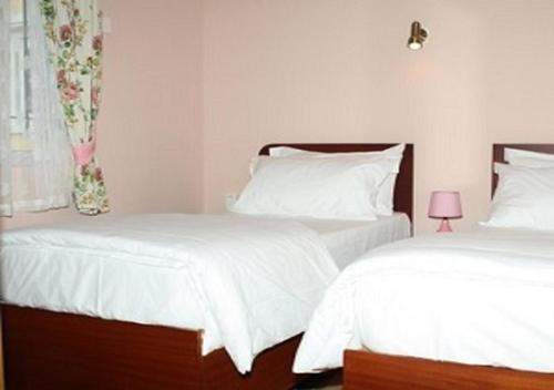 特鲁欧克比赫斯特鲁奥克斯冰思自助公寓的一间卧室设有两张带白色床单的床和窗户。