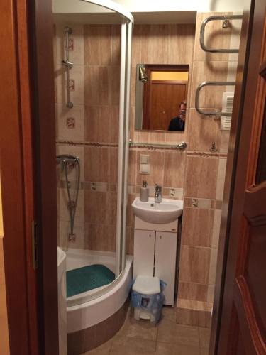 索波特Podjazd的一间带水槽、淋浴和卫生间的浴室