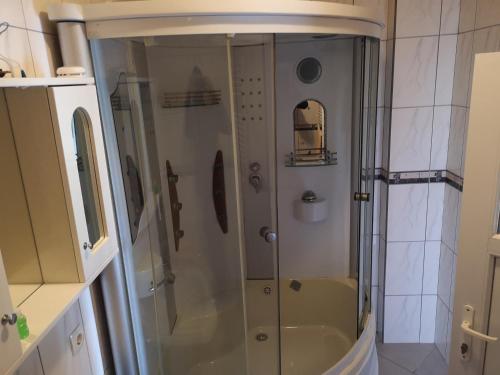 OrašjeHotel Derby Orašje的浴室里设有玻璃门淋浴