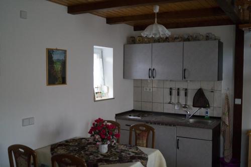 卡劳特格瑞斯赫Ferienhaus Fischer的厨房配有桌子、炉灶和水槽。
