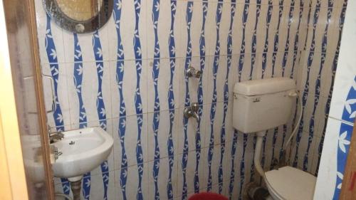 加尔各答Narendra niketan的蓝色和白色的浴室设有卫生间和水槽