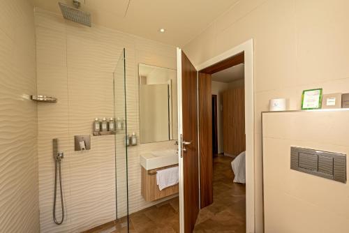 圣朱利安斯迪梦酒店的带淋浴、盥洗盆和镜子的浴室