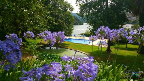 拜昂冬宫农场 - 庄园酒店的鲜花盛开的花园和一个游泳池