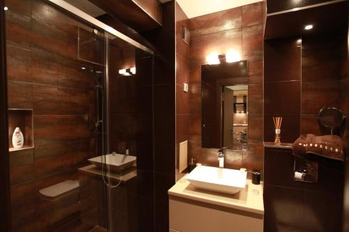 索非亚布朗平房公寓的一间带水槽、淋浴和镜子的浴室