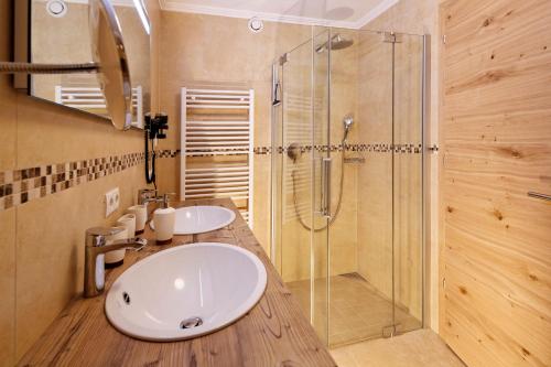 瑟尔伯格霍夫酒店的一间带两个盥洗盆和淋浴的浴室