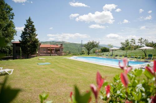 卡普雷塞·米开朗基罗卡西纳农家乐的一个带游泳池和房子的大院子