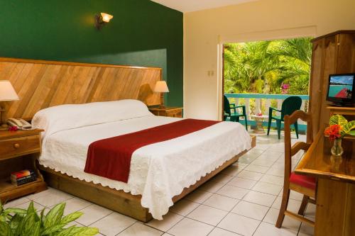 尼格瑞尔传奇海滩度假酒店的一间卧室设有一张床和一个滑动玻璃门