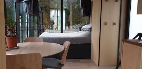 派尔努Mirror House Roosi 21的卧室配有一张床和一张桌子及椅子