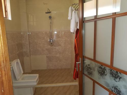 NarokEsikar Gardens Hotel的带淋浴、卫生间和盥洗盆的浴室