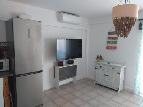 拉斯内格拉斯APARTAMENTO ACOGEDOR CON VISTAS AL MAR的带冰箱的厨房和平面电视。