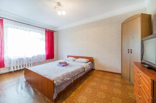 基辅Квартира эконом-класса возле метро Левобережная的一间卧室配有一张大床和电视