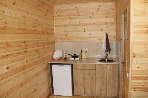茨卡尔图博Green Villa Tskaltubo的一间带木墙和柜台的小厨房