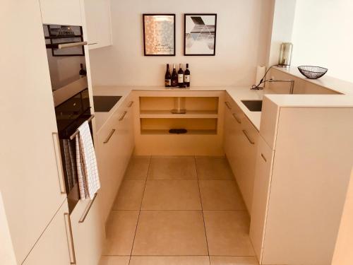 苏黎世苏黎世捏德多夫格罗斯公寓的小厨房配有白色橱柜和水槽