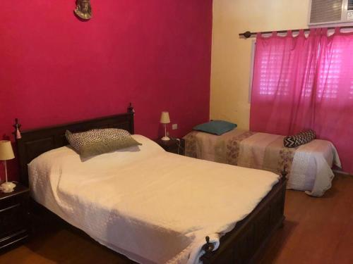 帕特拉德拉帕特拉TERRAZA AL RIO 2的一间卧室设有两张床和粉红色的墙壁