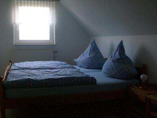 Strukkamp auf FehmarnLetztes-Haus-vorm-Wasser-1的一间卧室配有一张带蓝色枕头的床和一扇窗户。
