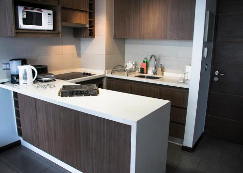 圣地亚哥Kennedy Premium Apartments Colorado的厨房配有带微波炉的台面