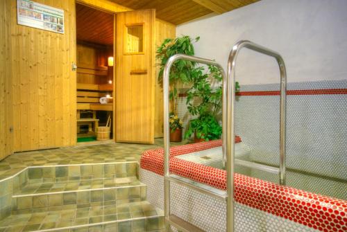 盖洛斯Garni Birkenheim的带淋浴和浴缸的浴室