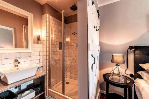BreklumFriesen-Lodge Apartments的带淋浴和盥洗盆的浴室