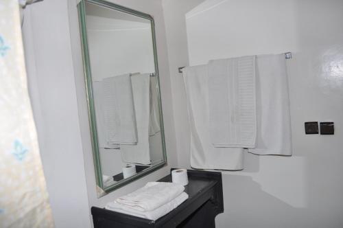 卡萨布兰卡HOTEL SALIM的浴室设有镜子、水槽和毛巾