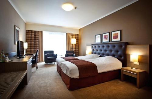安特卫普希立特酒店的酒店客房配有一张床、一张书桌和一台电视。