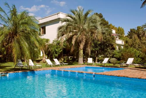 蒂格雷Hotel Villa Victoria de Tigre的棕榈树屋前的游泳池