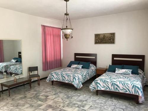 阿瓜斯卡连特斯Antigua Casa de la Alameda的一间卧室配有两张床和吊灯。
