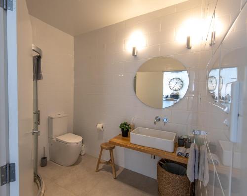 坎布里奇Lakeview Lodge Karapiro的一间带水槽、卫生间和镜子的浴室