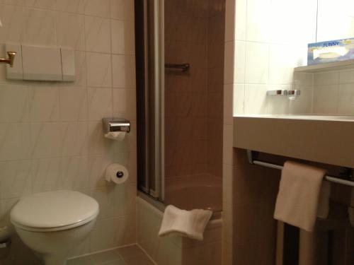 柯尼希斯湖畔舍瑙伯格马特酒店的浴室配有卫生间、淋浴和盥洗盆。