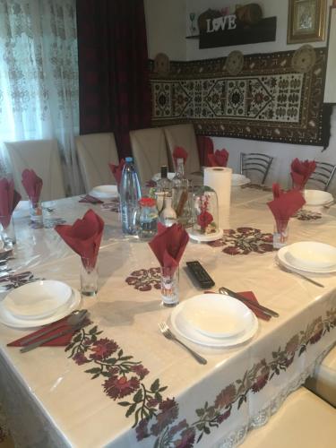 波耶尼莱伊泽Casa Ionela Petreus的一张桌子上放着白板和红色的花