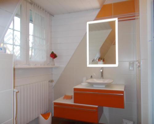 普卢格雷斯康LES AJONCS的一间带水槽和镜子的浴室