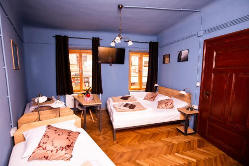 卢布尔雅那Dežnik的一间卧室设有两张床和蓝色的墙壁