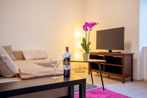 布拉迪斯拉发Villa Bea的客厅配有一瓶葡萄酒和电视。