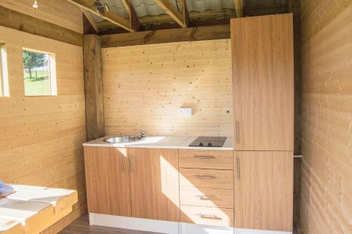 GlenfargLittle Lochan Lodge的木墙内带水槽的厨房
