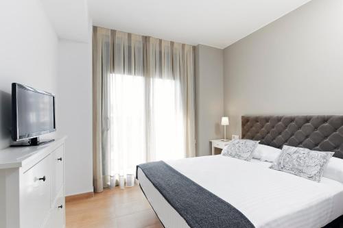 巴塞罗那巴塞罗那格兰德格拉西亚大道公寓酒店的一间卧室配有一张大床和电视