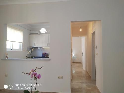 纳夫普利翁Nafplio City Apartments的厨房配有白色橱柜和走廊