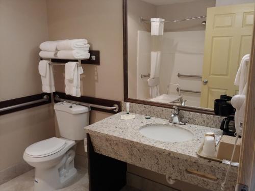 汤森港港畔酒店的一间带卫生间、水槽和镜子的浴室