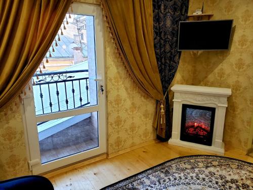 切尔诺夫策Little Paris Apartment的客厅设有壁炉和窗户。
