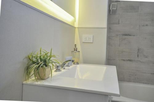 布宜诺斯艾利斯Apartamento en el mejor sitio de Recoleta的白色的浴室设有水槽和淋浴。