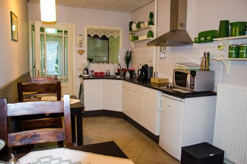 温特斯韦克Vakantiewoning De Berkeboom的厨房配有白色橱柜和台面