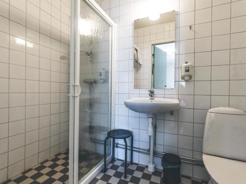 AlsenWångens Wärdshus的一间带水槽、卫生间和镜子的浴室