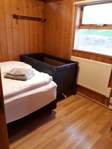 MúliSkjaldvararfoss sumarhús的一间带床的卧室,位于带窗户的房间内