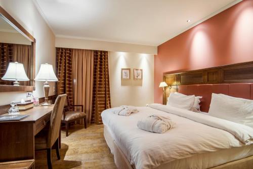 卡尔派尼西翁塞拉斯提那精品酒店的酒店客房设有一张大床和一张书桌。