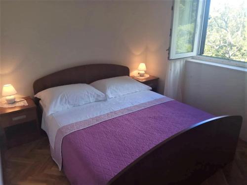 巴比诺波尔杰Countryside Vacation House VITEZ的一间卧室配有一张大床和紫色毯子