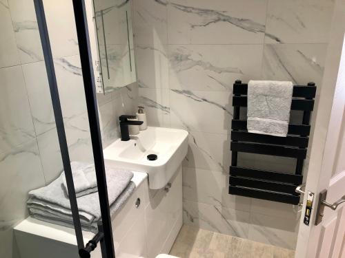 阿伯里斯特威斯Apartment 4, 1 Laura Place的白色的浴室设有水槽和镜子