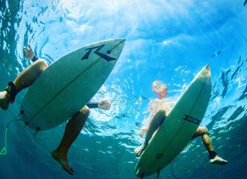 金巴兰Balangan Inn Surf Homestay的一群人用冲浪板在水中游泳