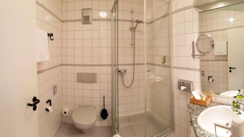 瓦尔多夫杜密兹尔奥斯特里斯酒店的带淋浴、卫生间和盥洗盆的浴室