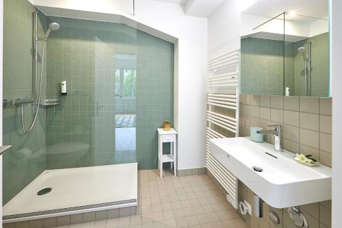 卢塞恩Neustadt Apartments managed by Hotel Central Luzern的带淋浴、盥洗盆和浴缸的浴室
