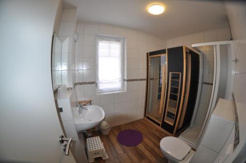 马林费尔德Ferienhaus Müritzzauber / EG-Appartement的带淋浴、卫生间和盥洗盆的浴室